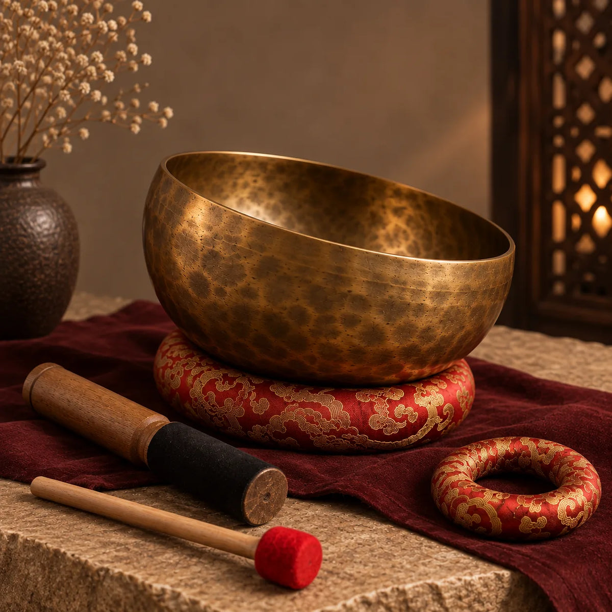 Bol chantant tibétain en bronze 12 cm avec accessoires