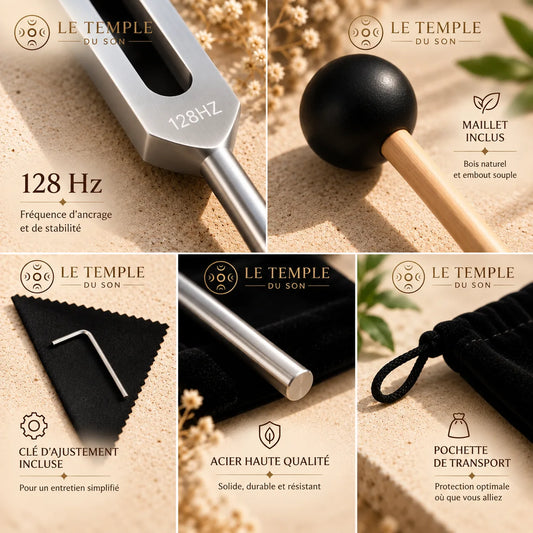 Diapasons 128 Hz et 528 Hz avec maillets