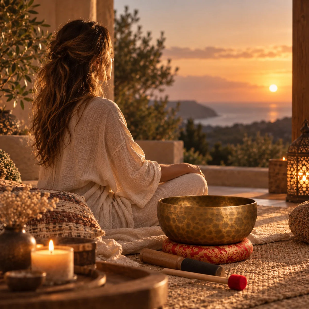 Bol tibétain et méditation dans une ambiance chaleureuse au coucher du soleil