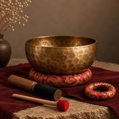 Bol chantant tibétain en bronze 12 cm avec accessoires