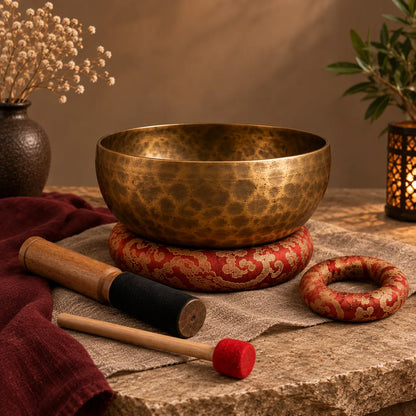 Bol chantant tibétain en bronze 12 cm avec accessoires