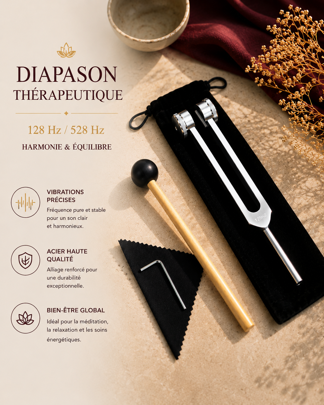 Diapasons 128 Hz et 528 Hz avec maillets