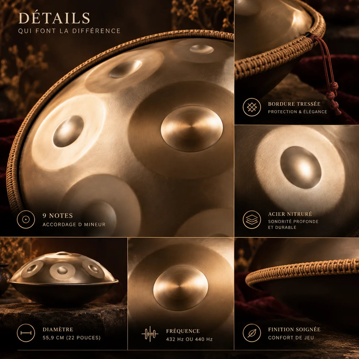 Handpan 9 notes doré